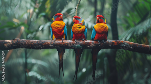 Colorful Birds Relaxing on Rainforest Branch