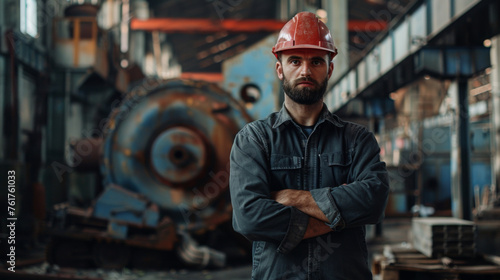 Wallpaper Mural Confident heavy industry engineer stands with arms crossed, overseeing operations in industrial factory Torontodigital.ca