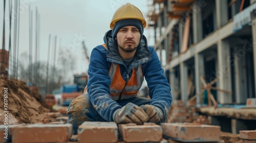 Construction bricklayer worker at construction site