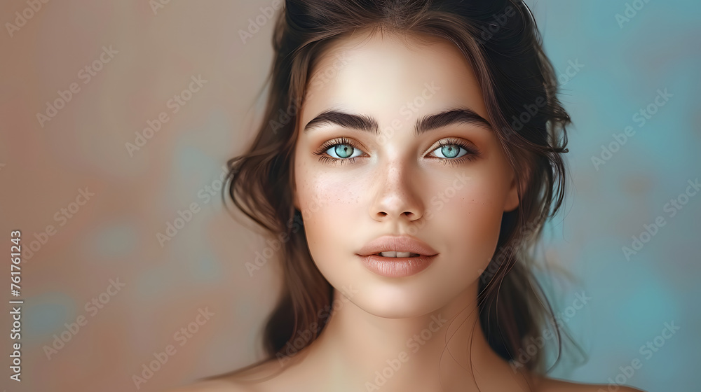 Beauty brunette woman with neat hair and healthy skin looks at the camera natural makeup of a young beautiful model on a studio background with copy space. cosmetic concept Beauty brunette woman with neat hair and healthy skin looks at the camera natural makeup of a young beautiful model on a studio background with copy space. cosmetic concept