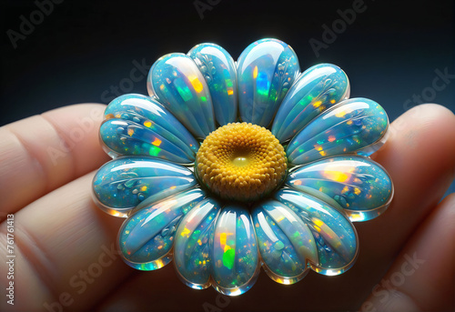 Sunflower made of shiny, reflective resin.