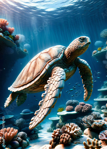 Turtles swim in the beautiful, bright sea.