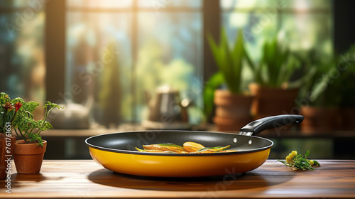A bright yellow frying pan with cooked vegetables stands on a wooden table against the backdrop of a cozy kitchen with many green plants, in warm sunlight. Comfort and naturalness photo