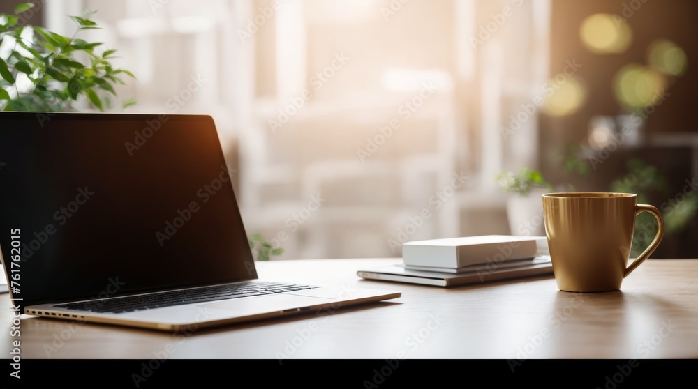 Blurred Background White Desk with Red Coffee Mug and Laptop 