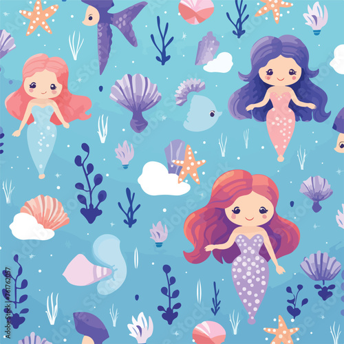 Cute mermaids and seashells pattern illustration 