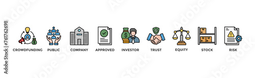 IPO banner web icon vector illustration concept of initial public offering with icon of crowdfunding, public company, approved, investor, trust, equity, stock and risk	