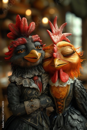 Cartoon characters of a Chicken and a rooster. 3d illustration © Александр Лобач