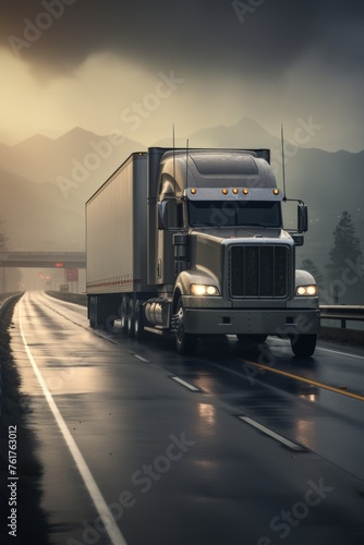 truck with cargo driving on the highway Generative AI