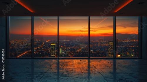 Cozy room with large panoramic windows overlooking the bustling city at sunset