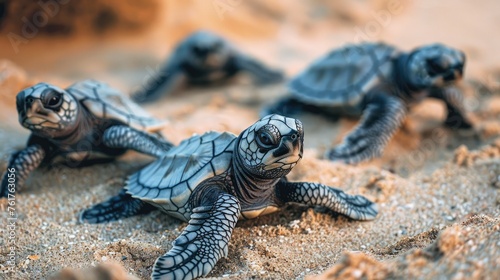Baby turtles on beach sand. Wild ocean newborn sea turtles on coast.
