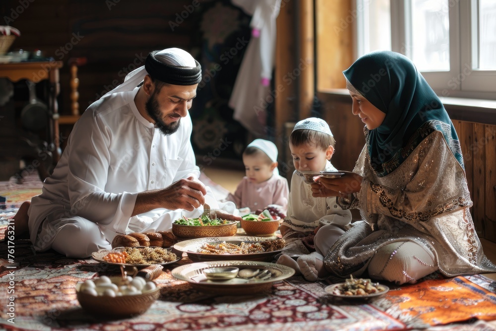 A happy Muslim family having a traditional meal at home, creating a warm and joyful atmosphere