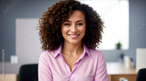 Cheerful Lady Curly Hair Pink Blouse Fuzzy Office Backdrop 