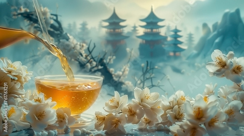 White tea elegantly pouring into a translucent cup white tea buds with traditional Chinese pagodas in the distance