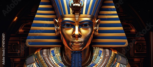 A closeup of a pharaoh statue in a temple, wearing a majestic blue and gold hat as a fashion accessory. The detailed art and symmetry of the metal sculpture are captured in macro photography
