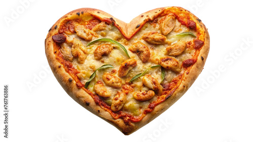 Chicken pizza of heart shape. isolated on transparent background.
