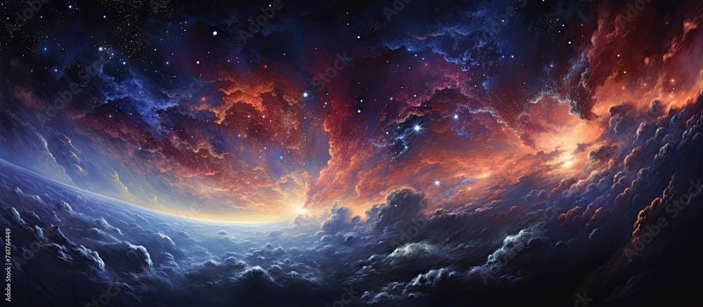 An artwork depicting a vibrant space scene with swirling clouds and twinkling stars, capturing the beauty of an astronomical world in a colorful landscape