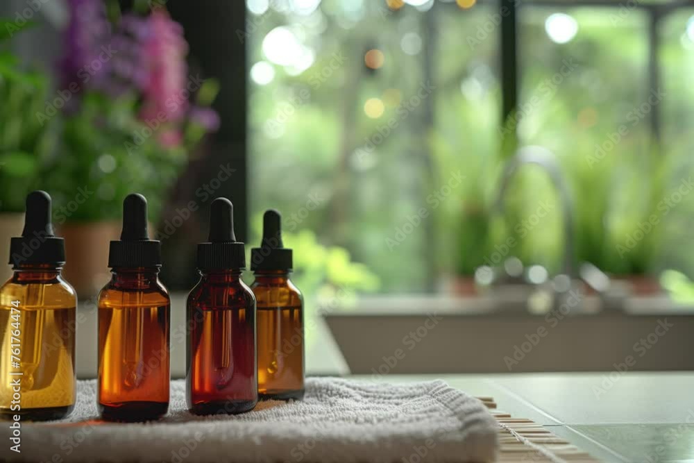 Bottles on the background of the spa room. Skin care serum or natural cosmetics with essential oil. face and body beauty concept. Spa concept. Place for text. Bottles on the background of the spa room. Skin care serum or natural cosmetics with essential oil. face and body beauty concept. Spa concept. Place for text.