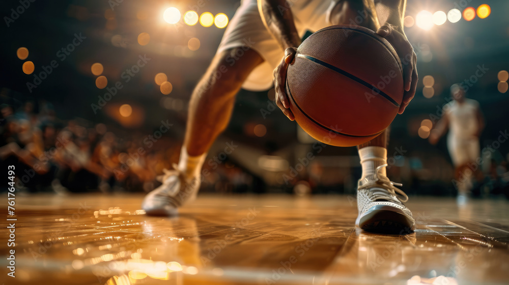 Basketball player is holding basketball ball on a court, close up photo - obrazy, fototapety, plakaty 