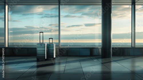 two luggage pieces at an airport, styled with a smooth and shiny finish, set against a landscape-focused backdrop, symbolizing the journey of transfer.