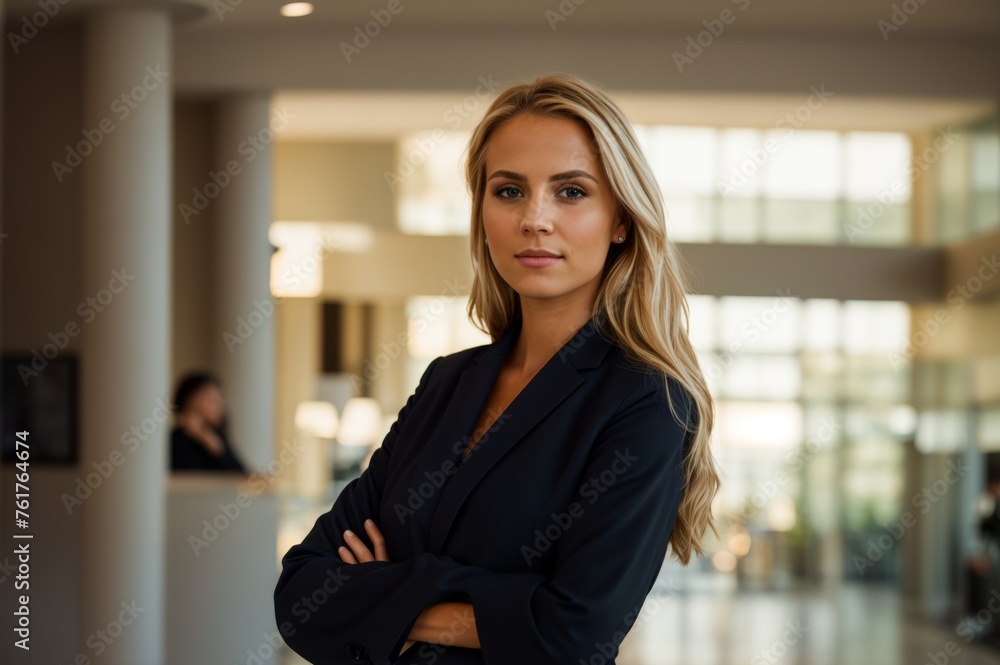 Confident lady in a sunny contemporary foyer with arms crossed Confident lady in a sunny contemporary foyer with arms crossed