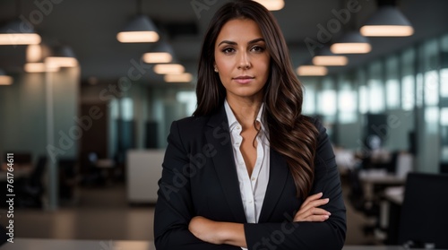 Confident businesswoman exuding assurance while standing in modern office 