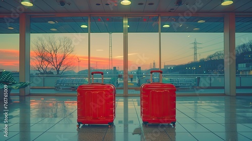 two luggage pieces at an airport, styled with a smooth and shiny finish, set against a landscape-focused backdrop, symbolizing the journey of transfer. photo