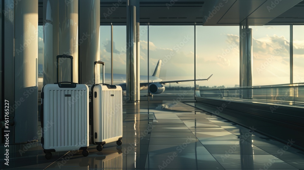 two luggage pieces at an airport, styled with a smooth and shiny finish, set against a landscape-focused backdrop, symbolizing the journey of transfer. - obrazy, fototapety, plakaty 