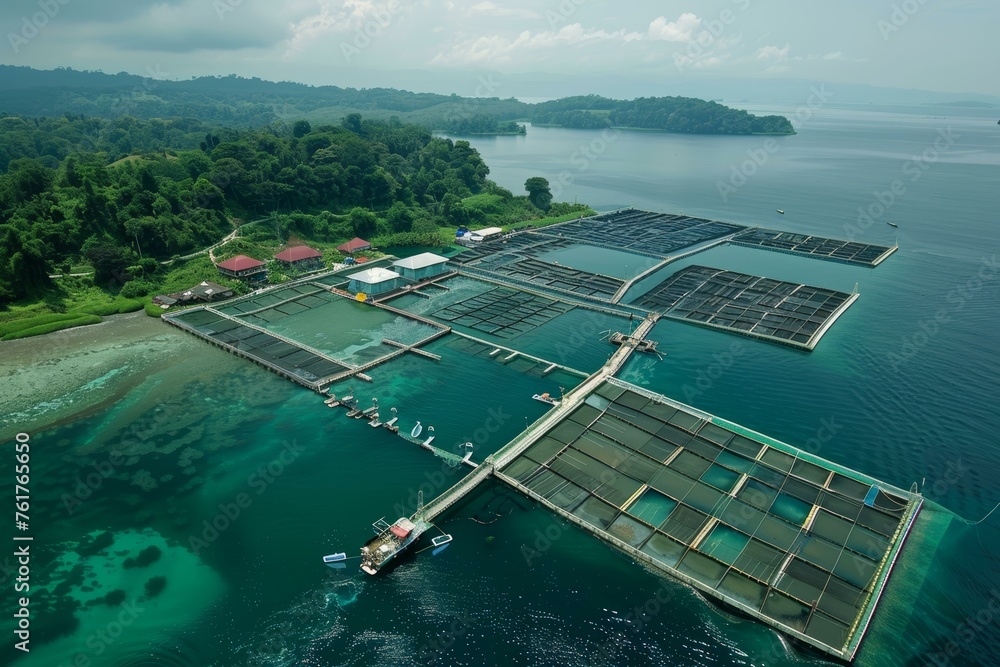 Aerial view of a sustainable aquaculture farm near a lush coastline