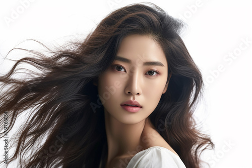 Elegant woman with flowing hair and subtle makeup