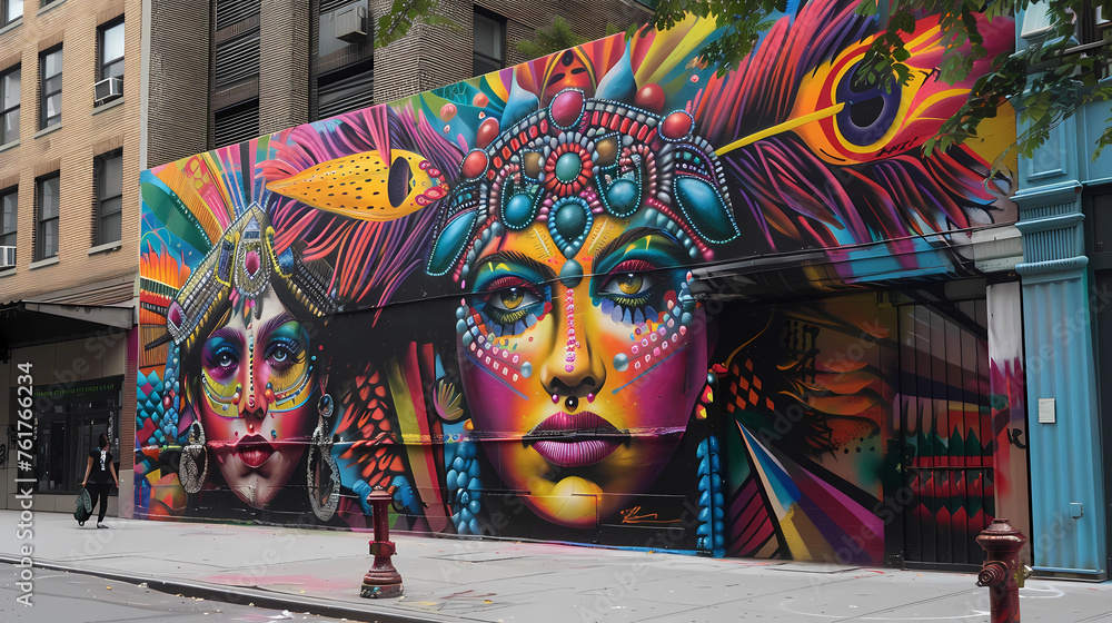 murals and graffiti inspired by the Holi festival on the city's streets