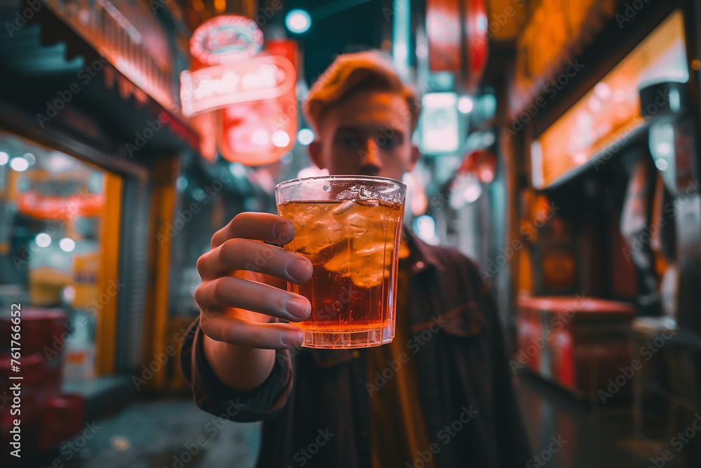 Person holding a drink with ice in a cup, neon lights behind.