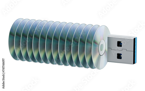USB pen drive with stacked discs isolated on transparent background. 3D illustration