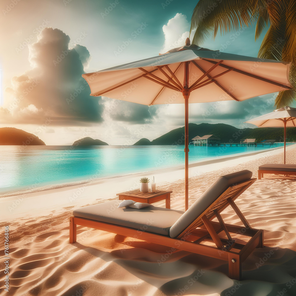 table and beach umbrella on the beach of a tropical island