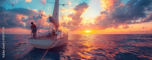 scenic view of sailboat with wooden deck and mast with rope floating on rippling dark sea against cloudy sunset sky