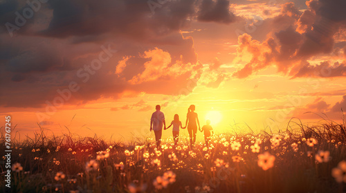 family walking, sunset over the field, generative ai