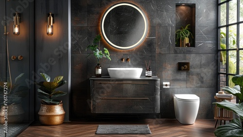 a compact luxury customer bathroom, featuring dark slate tiles, a refined vanity unit, and modern toilet, with an elegantly lit mirror exuding depth and opulence.