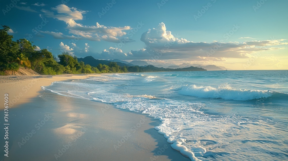 Sandy Beach With Blue Water and Green Trees