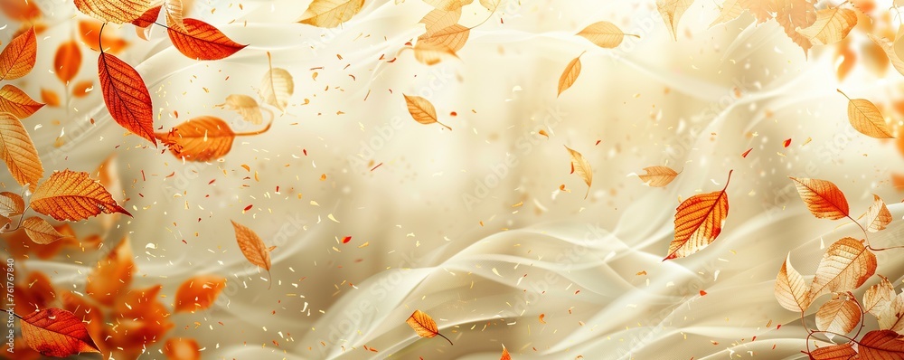 Seasonal Background with Autumn Leaves blowing in the wind. Cream Banner with copy-space. Seasonal Background with Autumn Leaves blowing in the wind. Cream Banner with copy-space.