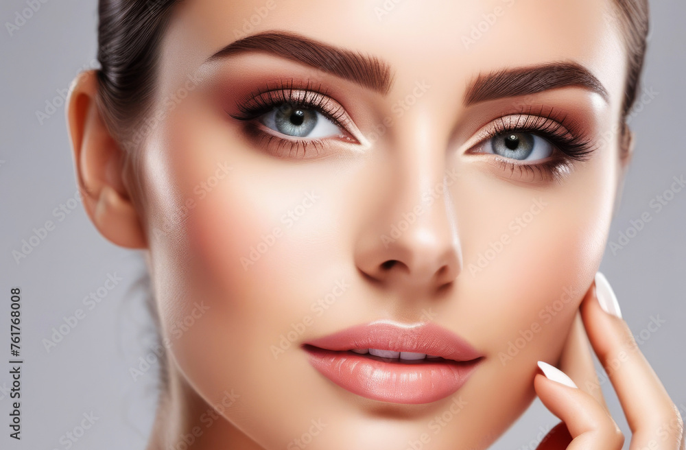 Beautiful young woman with clean fresh skin and makeup in studio light. Beauty model, skin care concept Beautiful young woman with clean fresh skin and makeup in studio light. Beauty model, skin care concept
