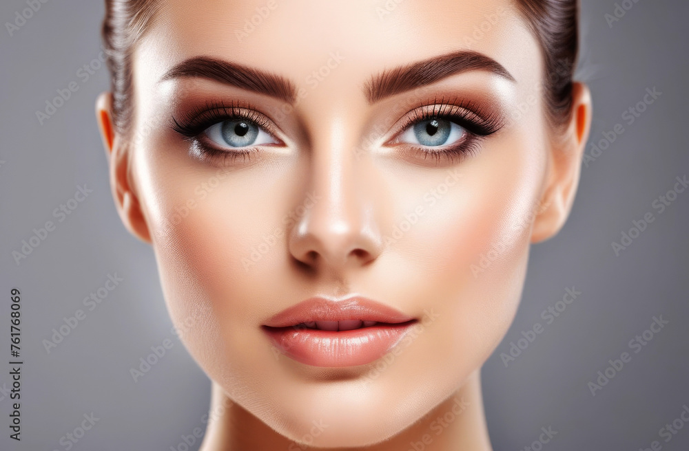 Beautiful young woman with clean fresh skin and makeup in studio light. Beauty model, skin care concept Beautiful young woman with clean fresh skin and makeup in studio light. Beauty model, skin care concept
