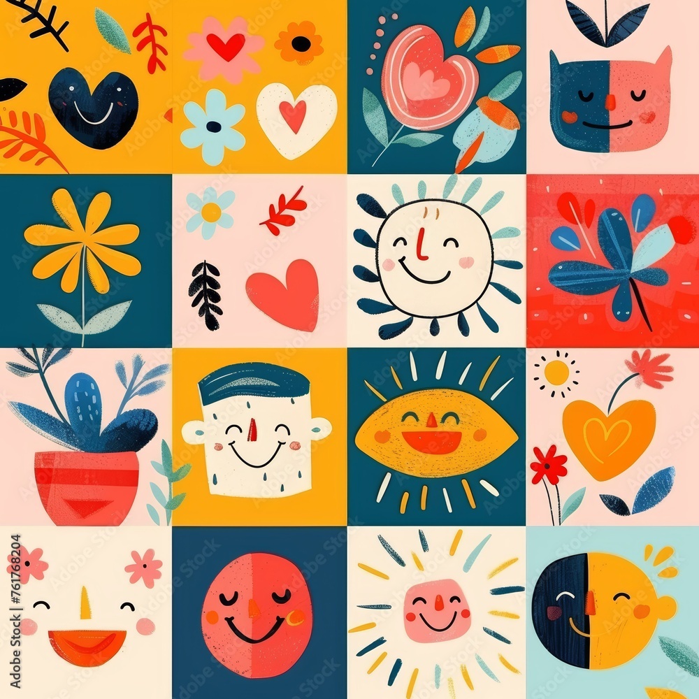 Colorful illustration of cheerful plants and celestial bodies with smiling faces in a grid pattern Colorful illustration of cheerful plants and celestial bodies with smiling faces in a grid pattern