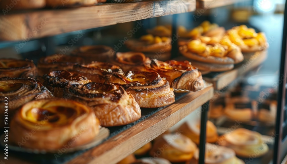 Assorted fresh pastries on wooden shelves in a cozy bakery shop