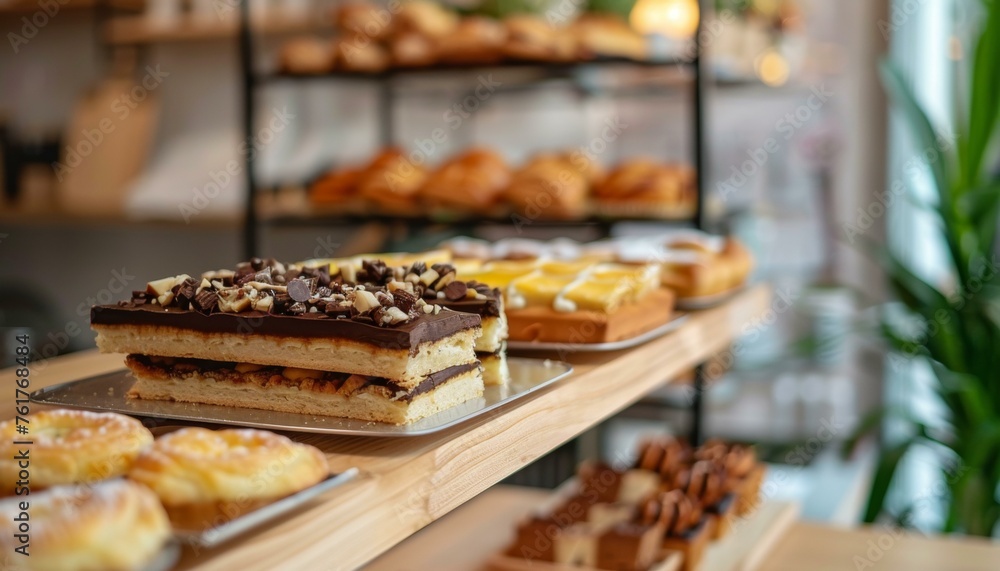 Delectable layered chocolate cake and assorted pastries on display at a cozy bakery shop.