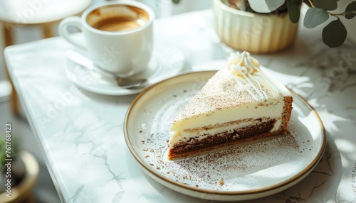 Slice of creamy cheesecake with a chocolate base served on a decorative plate beside a cup of espresso on a marble tabletop.