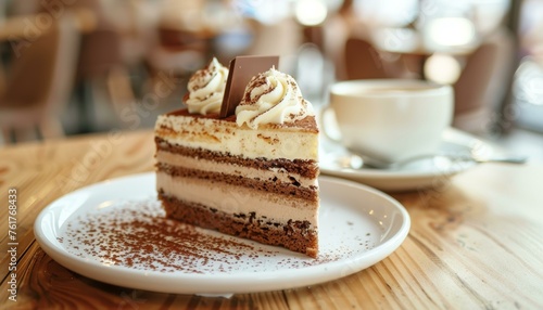 A delectable slice of tiramisu cake garnished with cream and cocoa on a white plate, accompanied by a cup of coffee at a cozy cafe.