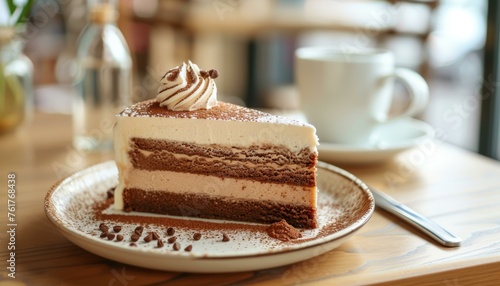 A slice of layered tiramisu cake on a ceramic plate with cocoa powder sprinkled on the side  accompanied by a cup of coffee in the background.