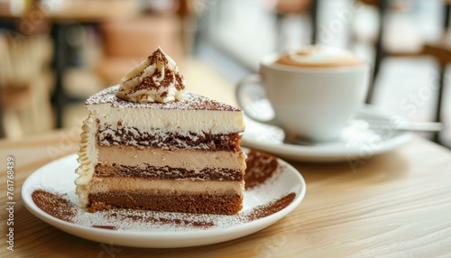 Layers of indulgence  A decadent slice of tiramisu cake paired with a creamy cappuccino on a wooden caf   table