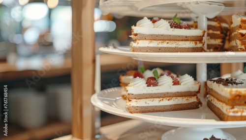 Assorted cakes on a multi-tiered dessert stand at a cozy cafe