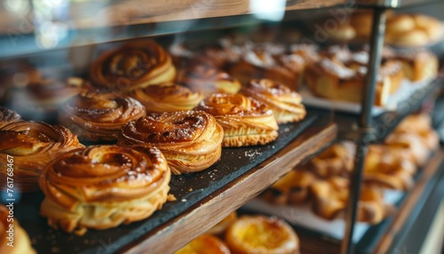 Freshly baked pastries on display at a quaint bakery shop, featuring golden-brown cinnamon rolls and danishes on wooden shelves behind glass.