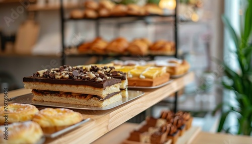 Delectable layered chocolate cake and assorted pastries on display at a cozy bakery shop.